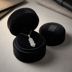 3 Stone Vertical Pendant with Minaret Tips in 14K White Gold - presentation