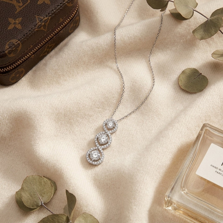 Pave Vertical Triple Infinity 3 Stone Pendant in 14K White Gold - flat lay