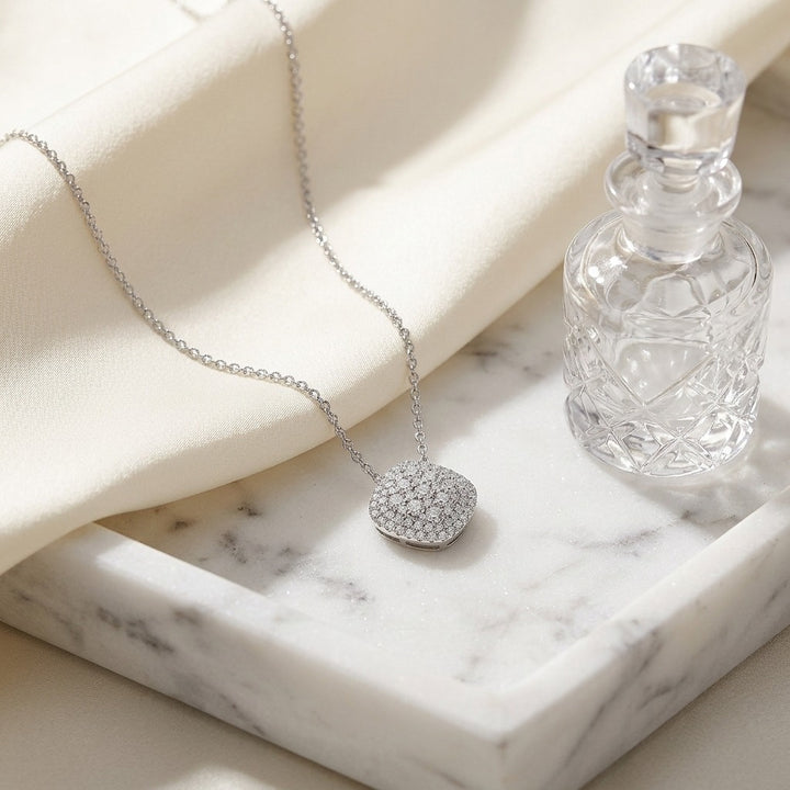 Diamond Micro-Prong Set Cushion Shape Pendant with Double Border in 14K White Gold - lifestyle