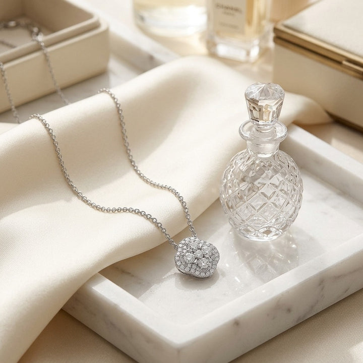 Diamond Clster & Cushion Shape Pendant with Micro-Prong Set Border in 14K White Gold - lifestyle
