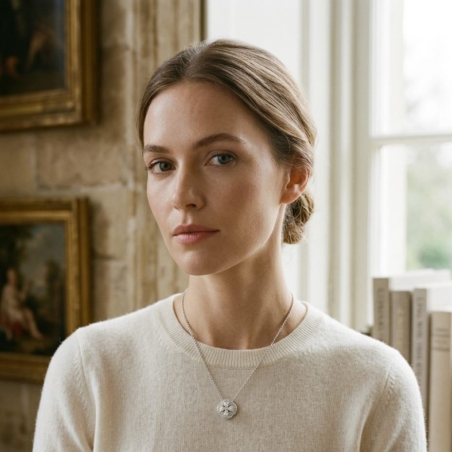 Diamond Clster & Cushion Shape Pendant with Micro-Prong Set Border in 14K White Gold - on model