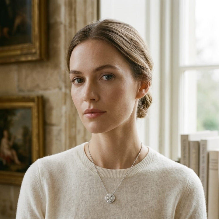 Diamond Clster & Cushion Shape Pendant with Micro-Prong Set Border in 14K White Gold - on model