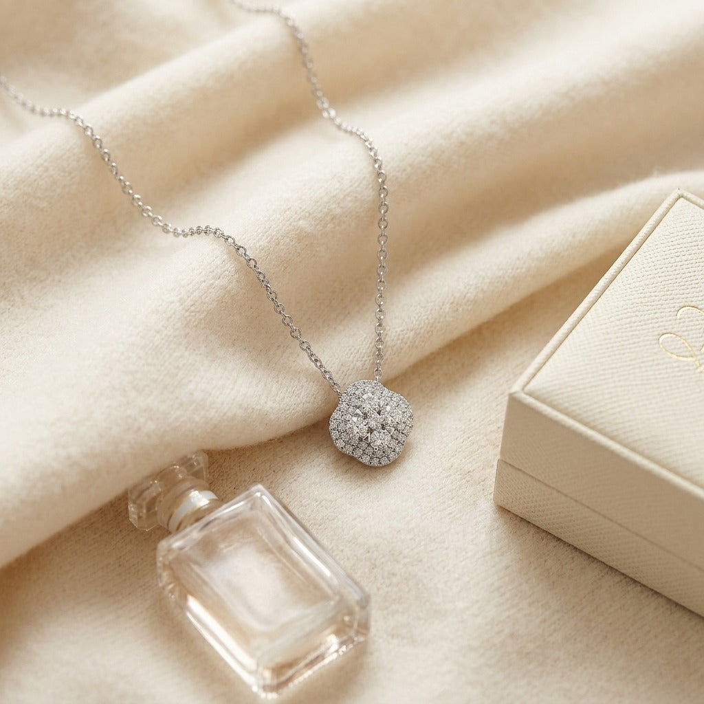 Diamond Clster & Cushion Shape Pendant with Micro-Prong Set Border in 14K White Gold - flat lay