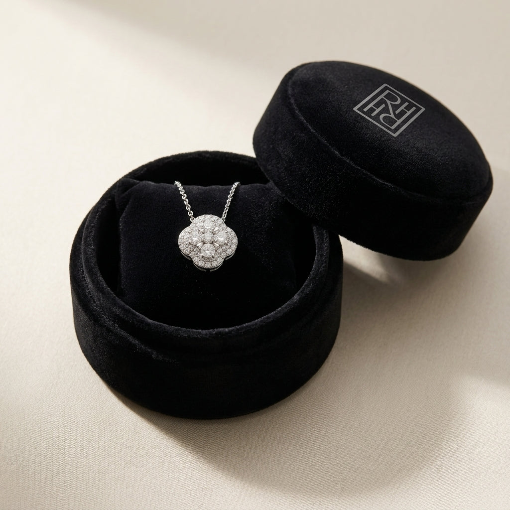 Diamond Clster & Cushion Shape Pendant with Micro-Prong Set Border in 14K White Gold - presentation
