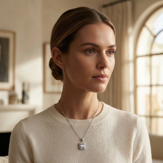 Diamond Baguette & Round Illusion Emerald-Cut Halo Pendant with Solid Bail in 14K White Gold - editorial