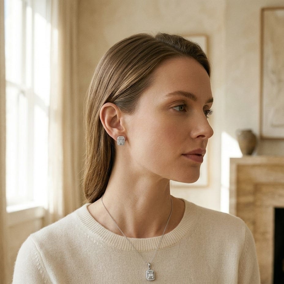 Diamond Baguette & Round Composite Emerald-Cut Halo Pendant with Solid Bail 18-20 Inch Adj Chain in 14K White Gold - editorial