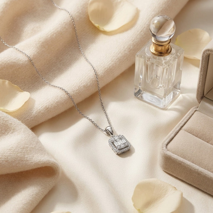 Diamond Baguette & Round Composite Emerald-Cut Halo Pendant with Solid Bail 18-20 Inch Adj Chain in 14K White Gold - flat lay