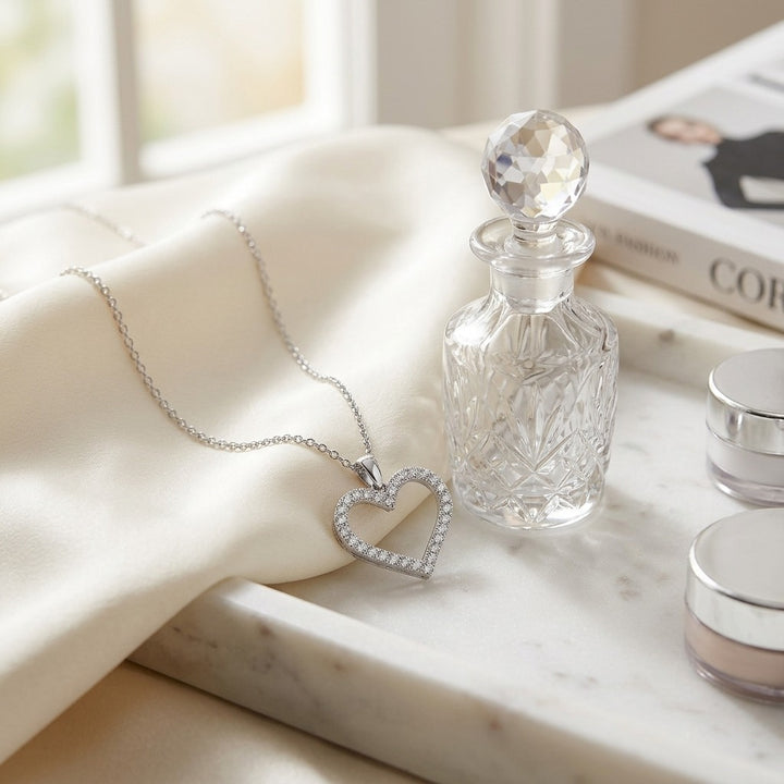 Diamond Heart Pendant with Textured Borders in 14K White Gold - lifestyle