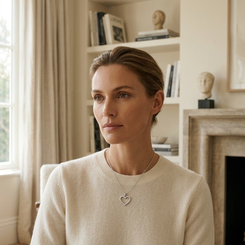 Diamond Heart Pendant with Textured Borders in 14K White Gold - on model