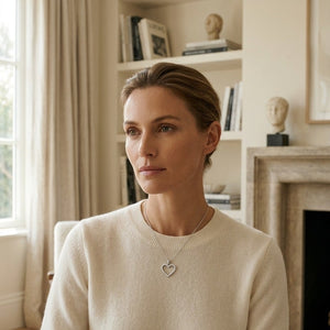 Diamond Heart Pendant with Textured Borders in 14K White Gold - on model