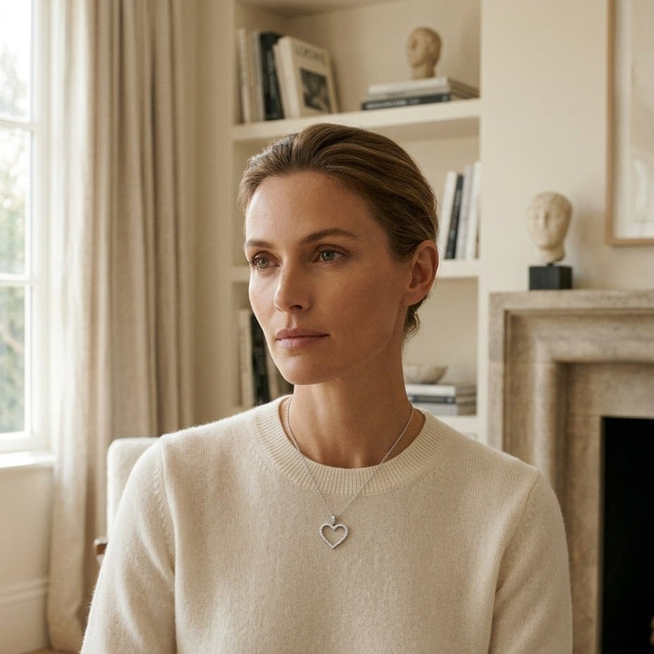 Diamond Heart Pendant with Textured Borders in 14K White Gold - on model