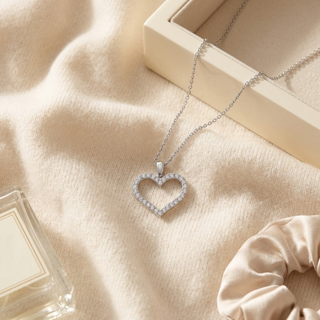 Diamond Heart Pendant with Textured Borders in 14K White Gold - flat lay