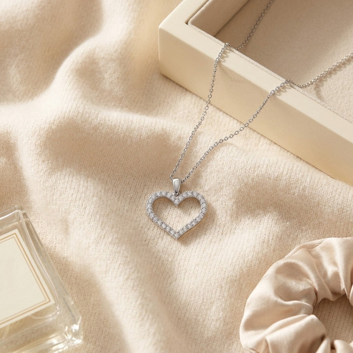Diamond Heart Pendant with Textured Borders in 14K White Gold - flat lay