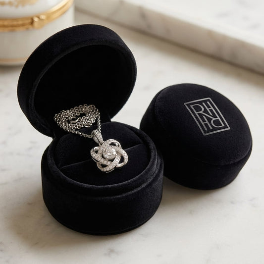 Round Diamond Cross Pavé Pendant in 14K White Gold, in navy velvet jewelry box