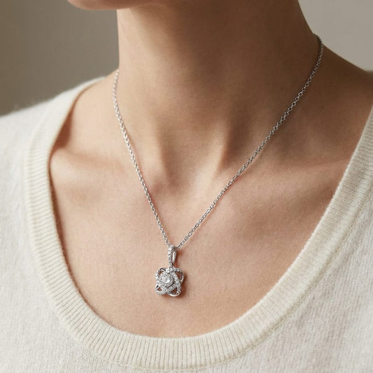 Natural Diamond Round Brilliant Pendant in 14K White Gold, worn close-up portrait