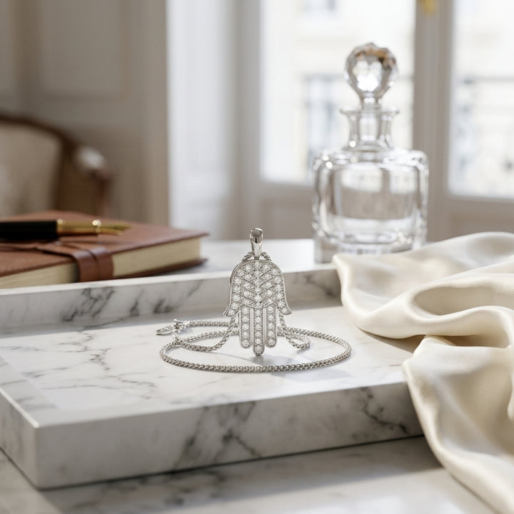 Diamond Pave Hamsa Pendant in 14K White Gold - lifestyle