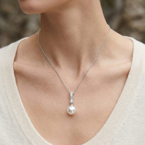 Cultured Pearl Pear Shape Pendant in 14K White Gold, worn close-up portrait