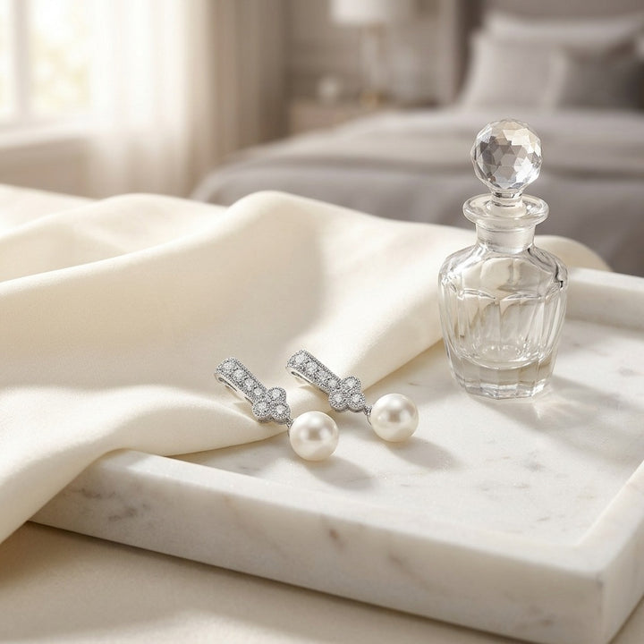 White Pearl & Diamond Drop Pendant with Clover & Pave Millgrained Bail in 14K White Gold - lifestyle