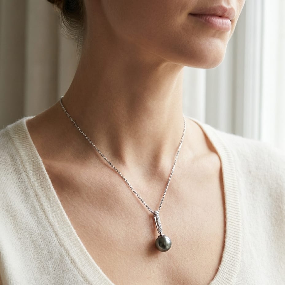 South Sea Pearl Pear Shape Pendant in 14K White Gold, worn close-up portrait