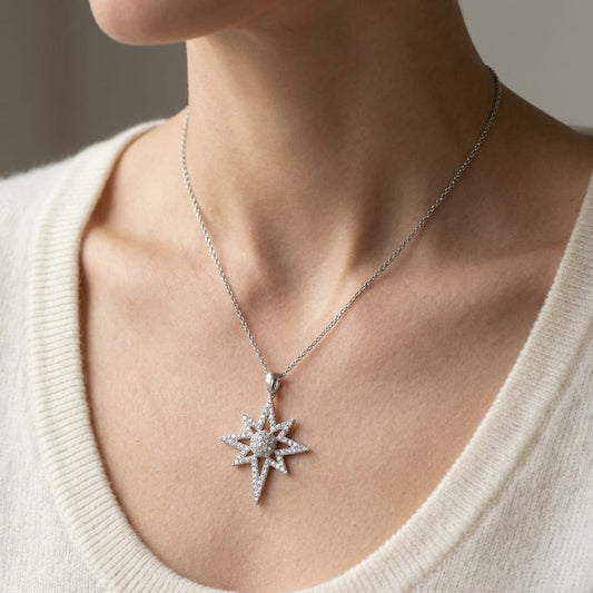 Natural Diamond Round Brilliant Pendant in 14K White Gold, worn close-up portrait