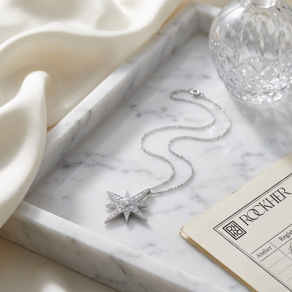 Natural Diamond Round Brilliant Pendant in 14K White Gold, on marble vanity tray with silk