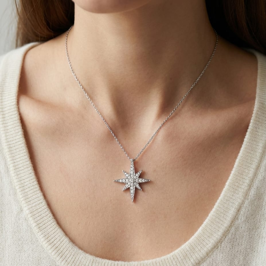 Natural Diamond Round Brilliant Pendant in 14K White Gold, worn close-up portrait