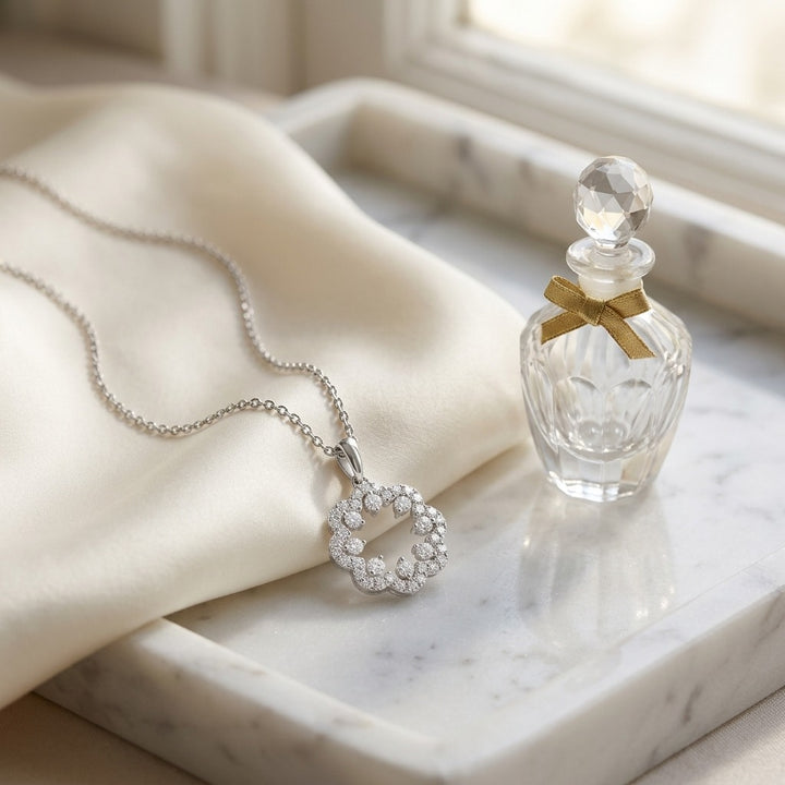 Diamond Floral Pendant 1-1/6ctw 16-18 Inch Adj Chain in 14K White Gold - lifestyle