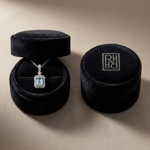 Aquamarine Emerald Cut Halo Pendant in 14k White Gold 0.15ctw, in navy velvet jewelry box