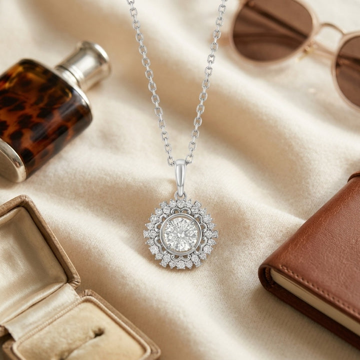Diamond Hexagon Pendant 3/4ct Ctr 1ctw 16-18 Inch Adj Chain in 14K White Gold - flat lay