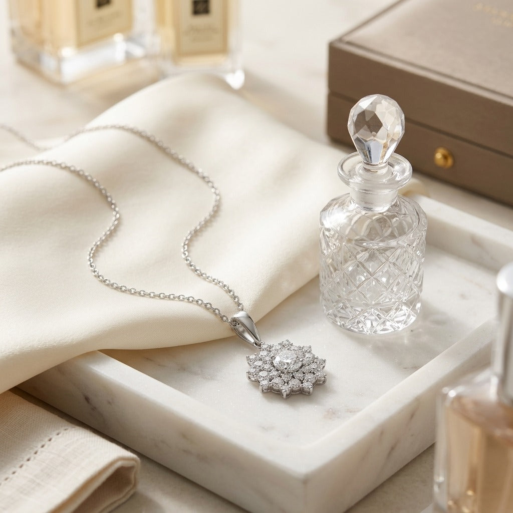 Diamond Floral Pendant 1/2ct Ctr 1-1/10ctw 16-18 Inch Adj Chain in 14K White Gold - editorial