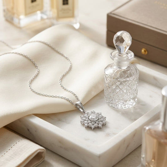 Diamond Floral Pendant 1/2ct Ctr 1-1/10ctw 16-18 Inch Adj Chain in 14K White Gold - editorial