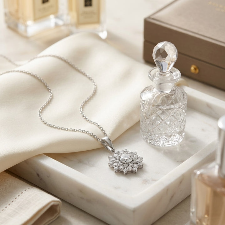 Diamond Floral Pendant 1/2ct Ctr 1-1/10ctw 16-18 Inch Adj Chain in 14K White Gold - editorial