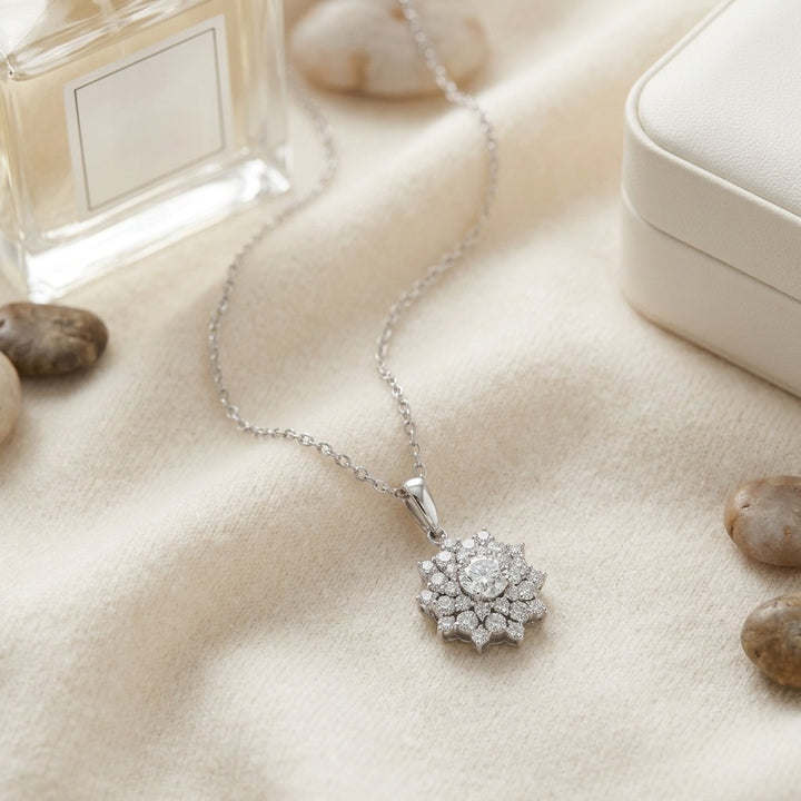 Diamond Floral Pendant 1/2ct Ctr 1-1/10ctw 16-18 Inch Adj Chain in 14K White Gold - flat lay