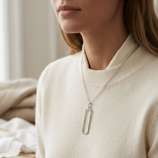 Diamond Open Rectangle Necklace 3/8ctw, 18 Inch Rolo Chain in 14K White Gold - editorial