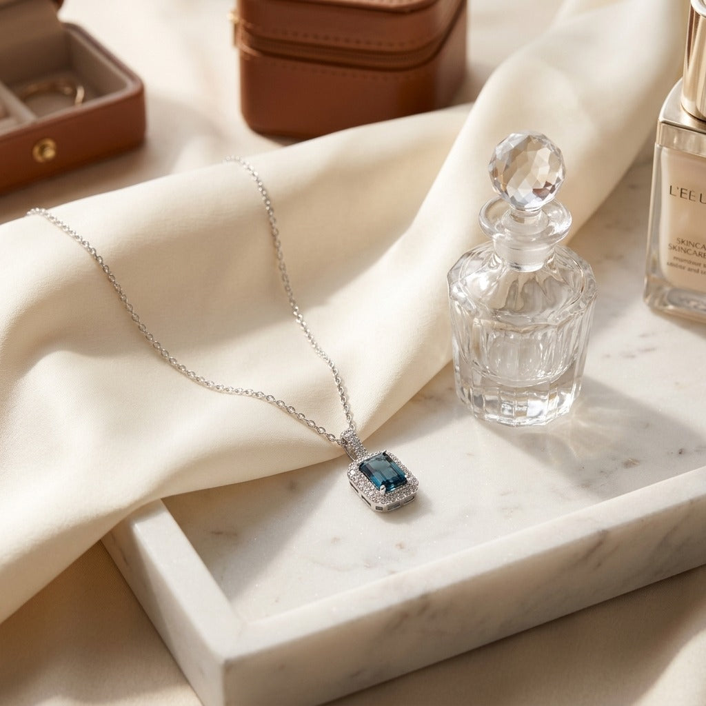 London Blue Topaz & Diamond 1/6ctw Pendant Set with Chain in 14K White Gold - lifestyle