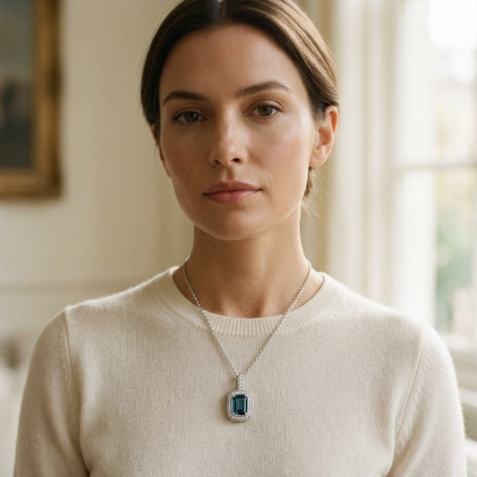 London Blue Topaz & Diamond 1/6ctw Pendant Set with Chain in 14K White Gold - editorial