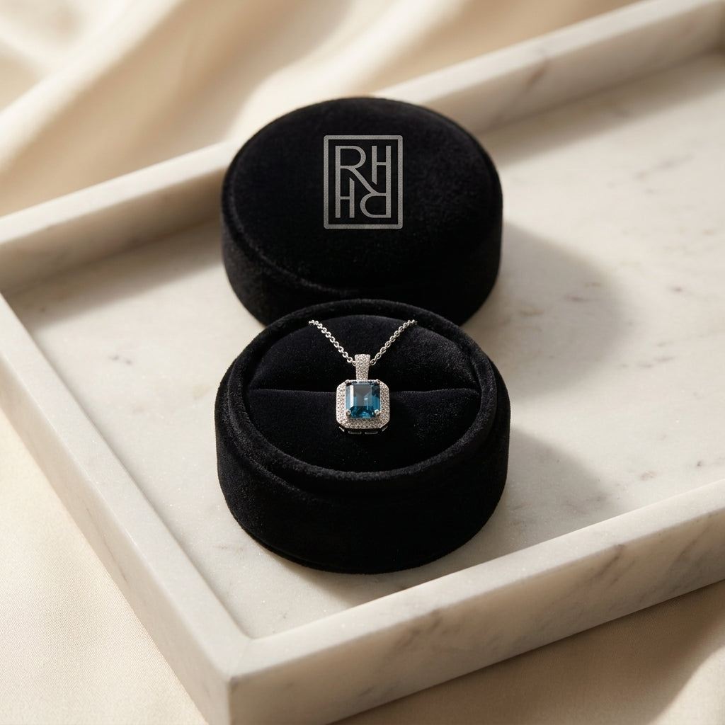 London Blue Topaz & Diamond 1/6ctw Pendant Set with Chain in 14K White Gold - presentation