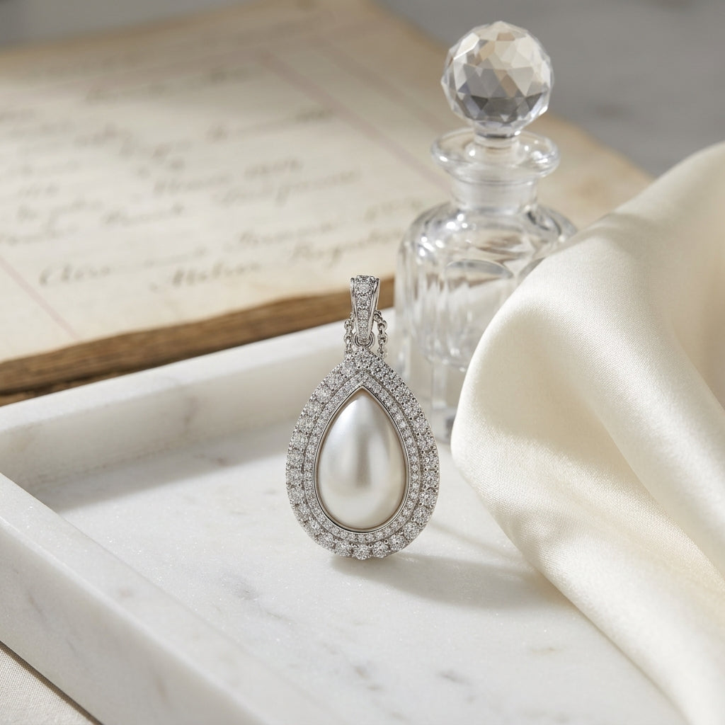 Diamond Open Pear Shape Millgrain Pendant 1/3ctw with Adjustable Chain 16-17-18 Inch in 14K White Gold - editorial