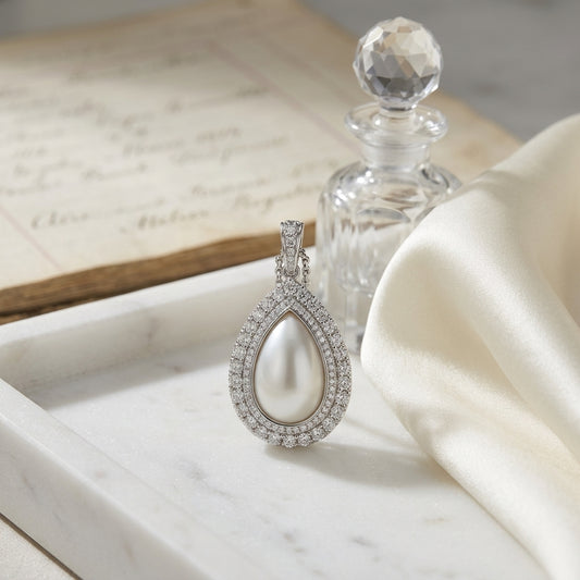 Diamond Open Pear Shape Millgrain Pendant 1/3ctw with Adjustable Chain 16-17-18 Inch in 14K White Gold - editorial