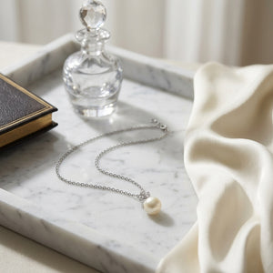 Freshwater Pearl & Diamond Leaf Pendant 16-18" Adjustable Cable Chain in 14K White Gold - lifestyle