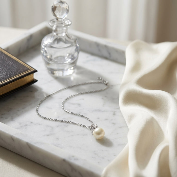 Freshwater Pearl & Diamond Leaf Pendant 16-18" Adjustable Cable Chain in 14K White Gold - lifestyle