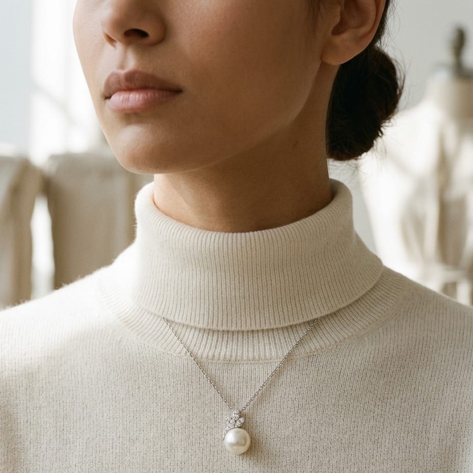 Freshwater Pearl & Diamond Leaf Pendant 16-18