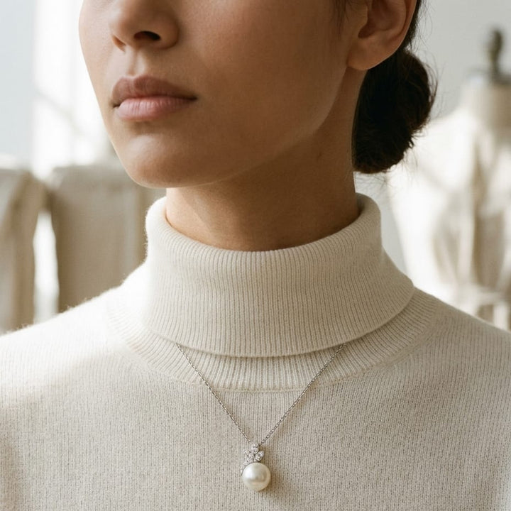 Freshwater Pearl & Diamond Leaf Pendant 16-18" Adjustable Cable Chain in 14K White Gold - editorial