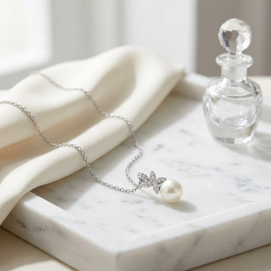 Freshwater Pearl & Diamond Four Leaf Pendant 16-18" Adjustable Cable Chain in 14K White Gold - editorial