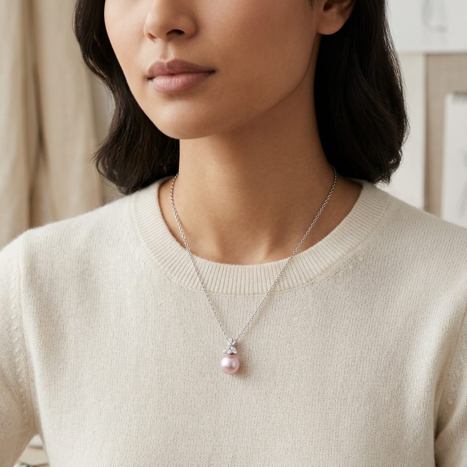 Freshwater Pink Pearl & Diamond Four Leaf Pendant 16-18" Adjustable Cable Chain in 14K White Gold - lifestyle