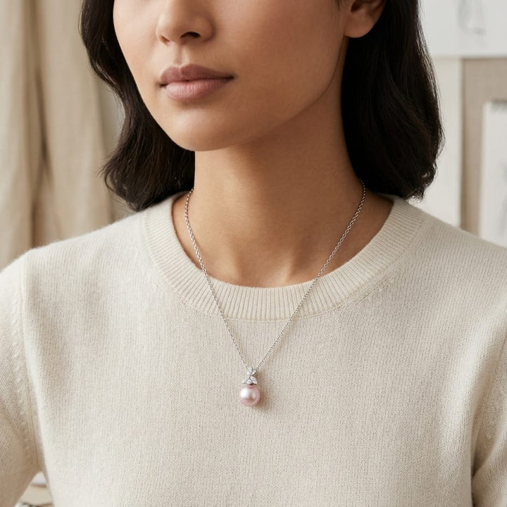 Freshwater Pink Pearl & Diamond Four Leaf Pendant 16-18" Adjustable Cable Chain in 14K White Gold - lifestyle