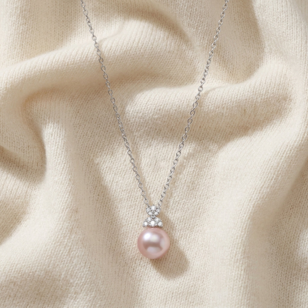 Freshwater Pink Pearl & Diamond Four Leaf Pendant 16-18" Adjustable Cable Chain in 14K White Gold - flat lay