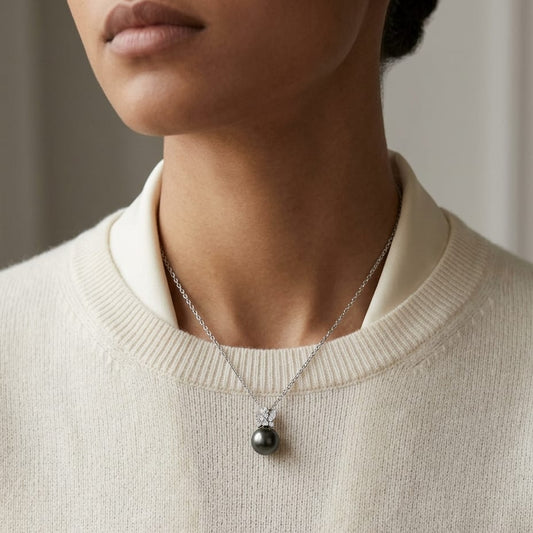 Tahitian Pearl & Diamond Crown Pendant 16-18" Adjustable Cable Chain in 14K White Gold - editorial