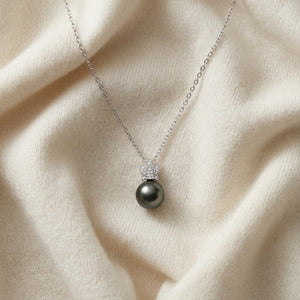 Tahitian Pearl & Diamond Crown Pendant 16-18" Adjustable Cable Chain in 14K White Gold - flat lay