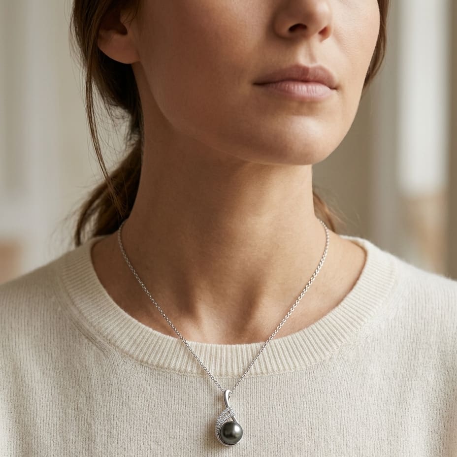 Tahitian Pearl & Diamond Swirl Pendant 16-18